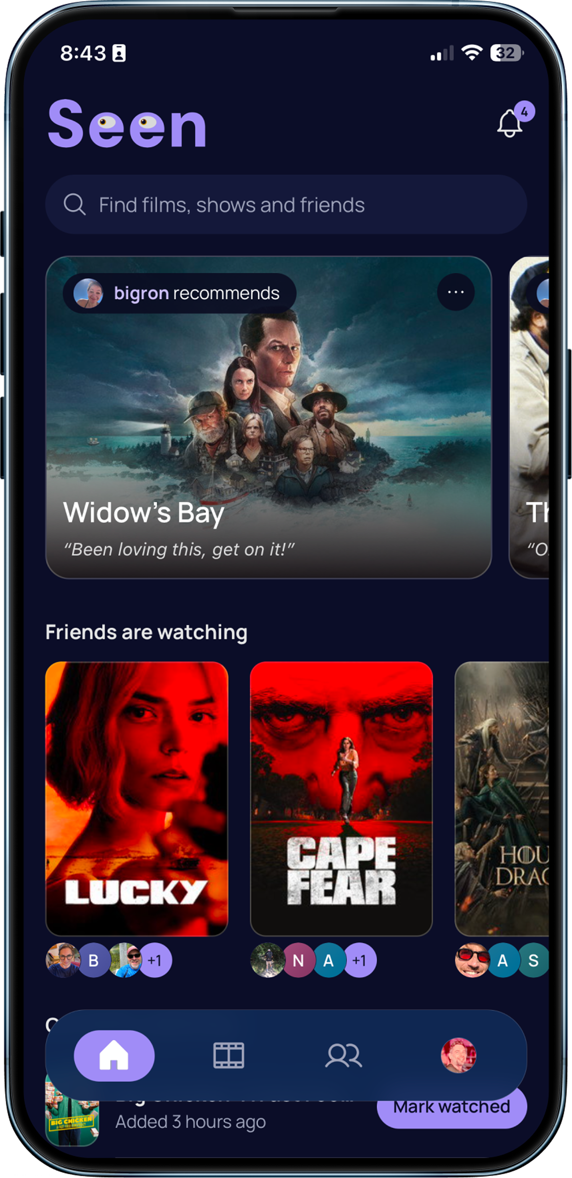 Seen home screen with recommendations from friends